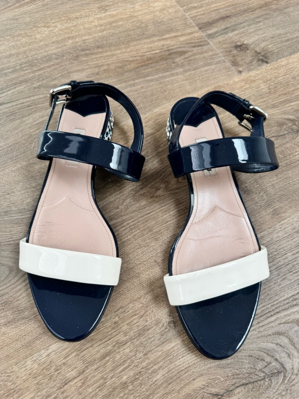 Miu Miu Black and Cream Patent Leather Ankle-Strap Sandals